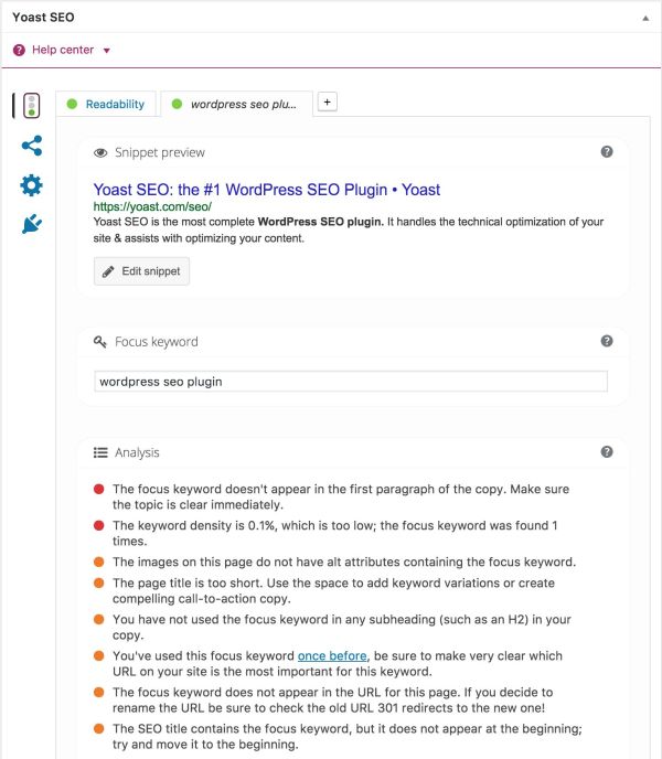 Here is the screenshot of Yoast's SEO analysis from the WordPress post page.